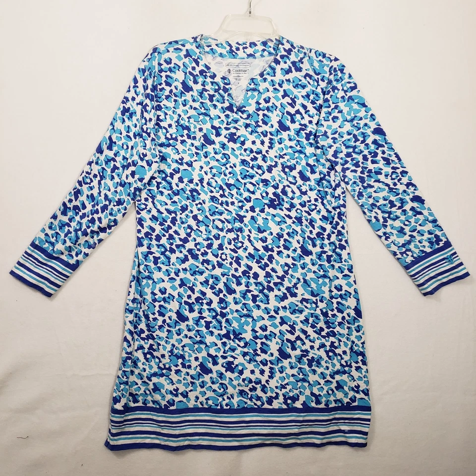 Coolibar Oceanside 束腰外衣连衣裙女式大号蓝色豹纹 UPF 50 竹 — 第 1/4 张图片