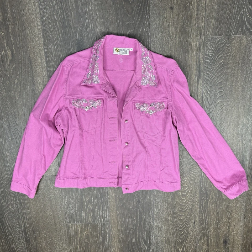 Christine Alexander розовый джинсовой ткани куртка украшенный блестящий Western блеск размер L - Изображение 1 из 4