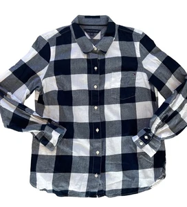 Camicia Tommy Hilfiger a quadri con bottoni donna M blu navy bianca manica a linguetta arrotolata - Foto 1 di 9