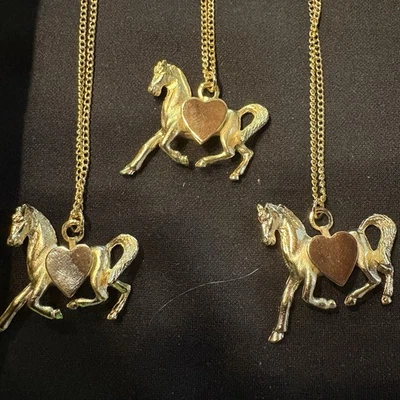 3 Vintage Horse w Heart Gold Necklace Equestrian Pendant Necklace New Old Stock - Image 1 of 4