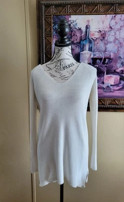 Suéter túnica manga larga acanalado blanco pequeño Eddie Bauer para mujer cuello en V  Foto 1 de 4