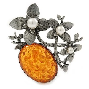 Vintage Inspired Amber Style Stone with Pearl Flowers Pewter Tone Brooch/ - Picture 1 of 5