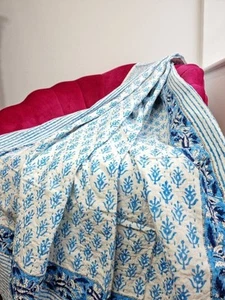 Indian Handmade Cotton kantha Quilt hand Block print King Size Bedspread Blanket - Picture 1 of 9