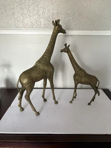 Vintage 23” & 17" Giraffe Sculpture MCM Brass Pair Mom & Baby Made In Korea - Picture 1 of 7