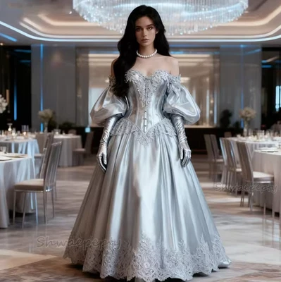 Shiny Silver PVC Victorian Wedding Dress Off-Shoulder Puff Short Sleeves A-Line - Image 1 of 4