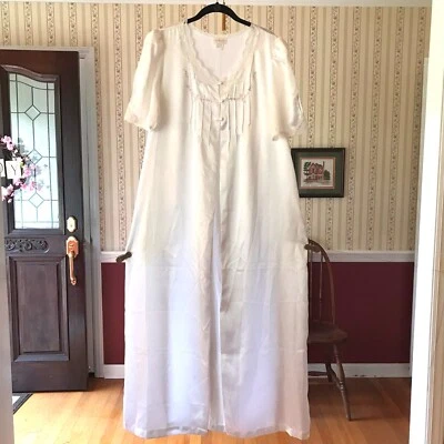 Barbizon Blanco Tres Botones Abierto Bata Encaje Rosa Verde Bordado Lencería Talla M Foto 1 de 4