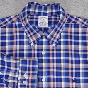 Brooks Brothers Regent Shirt Mens Medium Blue Pink Plaid Button Down Long Sleeve - Picture 1 of 17