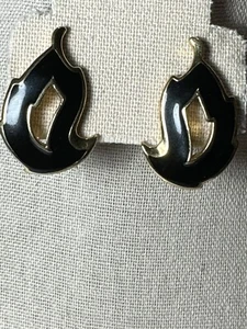 Vintage Crown Trifari Black & Gold Enameled Pierced Stud Dangling Earrings - Picture 1 of 6