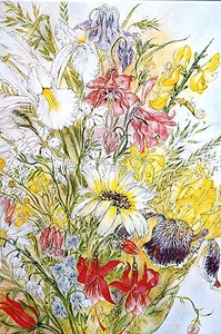 Sulamith Wulfing 1985 SOMMERBLUMEN Blumenstrauß rosa gelb mattiert Kalender Druck - Bild 1 von 8