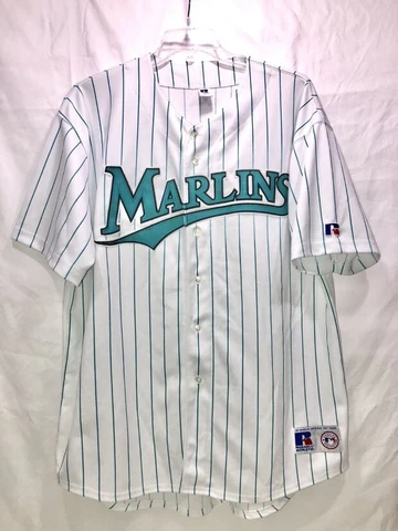 Vintage Russell Athletic Jersey Men's XXL Florida Marlins MLB Baseball Pinstripe Cover