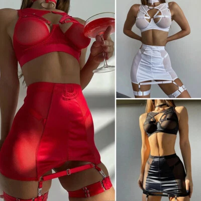 Sutiã Feminino Transparente Sexy Ligas Cuecas Conjuntos Bandagem Roupas Sexy Vestido Extravagante - Imagem 1 de 4