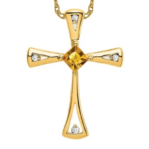 14K Solid Yellow Gold Citrine Diamond Cross Floating Chain Slide Pendant ... - Picture 1 of 3