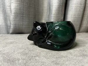 Indiana Glass Emerald Green Heavy Glass Sleeping Cat Votive Candle Holder 5” - Picture 1 of 8