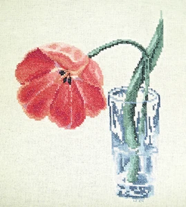 Completed Finished Cross Stitch - Red Poppy in a Glass - Picture 1 of 6