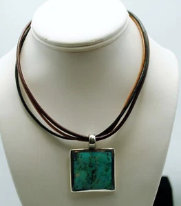 STERLING SILVER TURQUOISE PENDANT ON CORDED NECKLACE 15.25" #F144 - Picture 1 of 3