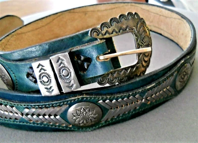 Native American Navajo Sun Conchos Braids & Stamps Sterl Silver Ranger Set Belt - Image 1 of 4