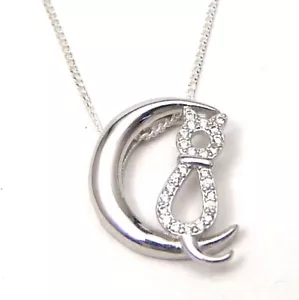 Sterling Silver Cat Moon Necklace Cubic Zirconia Pave Set 18 - 20 inches - Picture 1 of 2