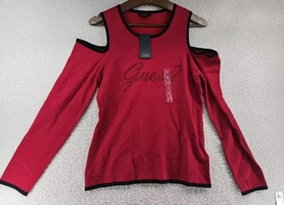 Blusa Top Mujer GUESS Rojo Profundo Hombro Frío Mangas Largas Tachonadas XL NUEVA Foto 1 de 4