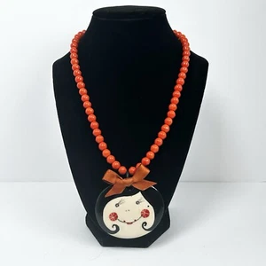 Handmade Artisan Orange Art Glass Beaded Necklace Painted Ceramic Face Pendant - Picture 1 of 12