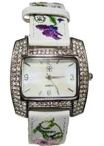 Suzanne Somers RhinestoneWatch Ebroidered Flowers Mother of Pearl Dial NEW BATT - Picture 1 of 7