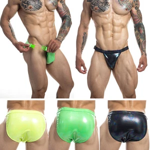 Men Wetlook Swimwear Sexy Underwear Briefs Bikini Laser Faux Leather Buckle - Picture 1 of 26