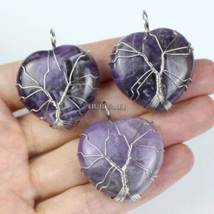 3pcs Amethyst Heart Pendant Bead Tree of Life Chakra Reiki Healing Stone Amulet - Picture 1 of 2