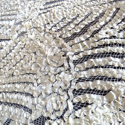 VNTG Off White Satin ruched ribbon on mesh Fabric Remnant Bridal Formal  1 yard - Image 1 of 4