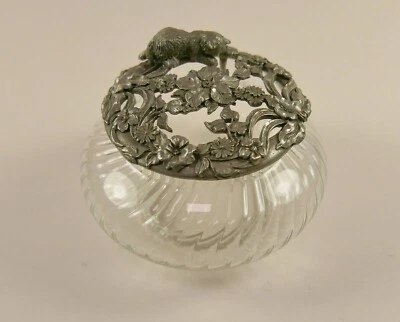 Vintage 1982 Rawcliffe Pewter Topped Glass Potpourri Pot Trinket Dish Cat Design - Image 1 of 4