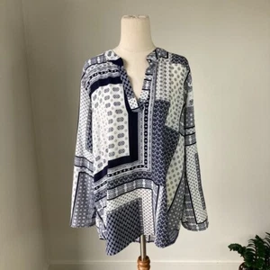Caroline Morgan Navy and White Tile Print Blouse - Long Sleeve, V Neck - Size 16 - Picture 1 of 9