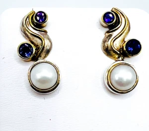 MICHOU Design 925 Silber 22K Gold Plättchen Amethyst, Iolith & Perlen Ohrstecker - Bild 1 von 7