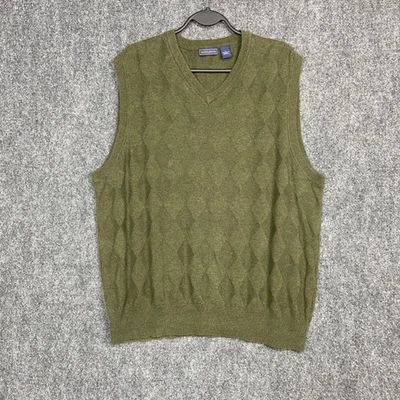 SADDLEBRED Men's Olive Green Argyle 100% Cotton V-Neck Sweater Vest - Size L - Image 1 of 4