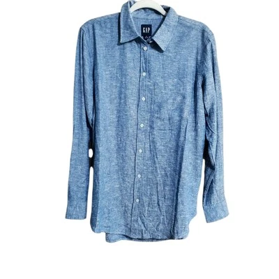 Camisa con botones GAP mezcla de lino para hombre talla pequeña azul manga larga informal moderna Foto 1 de 4