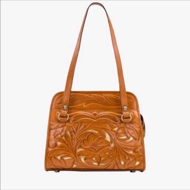 Cartera de cuero Patricia Nash Brunna recortada con base metálica de coñac Foto 1 de 4