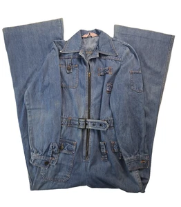 Faded Glory Vintage 70s Blue Denim Bell Bottom Jumpsuit Coverall Womens Small S - Picture 1 of 11