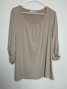 Top tunica Susan Graver marrone maglia liquida increspato manica a 3/4 taglia XS - Foto 1 di 8
