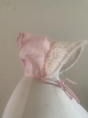 Vintage Pink Floral Print Cottage Core Boho Prairie Baby Bonnet Doll Size 1980s - Image 1 of 3