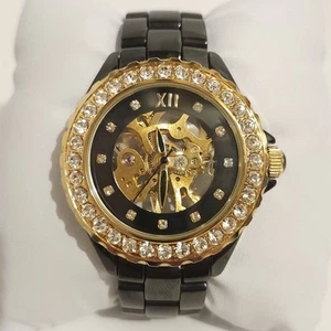 Adrienne Skeleton Men's Watch Black & Gold Tone CZ Bezel Manual Wind Mint - Picture 1 of 16