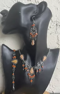 Peruvian Jasper Semi-Precious Stone Necklace Long Earrings Bracelet Set Peru - Picture 1 of 9