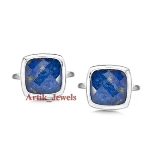 Natural Lapis Lazuli Gemstone With 14K White Gold Plated Silver Cufflink #1366 - Picture 1 of 13