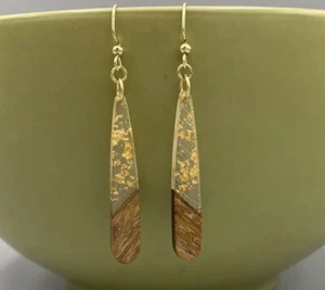 Wood Resin Teardrop Earrings Jewelry Clear Gold Flecks Dangle Christmas Gifts - Picture 1 of 2