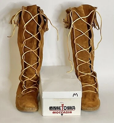 Bota Minnetonka Feminina Tamanho 8 Frente Renda Joelho Alto 1922 Couro Marrom Boho Hippie - Imagem 1 de 4