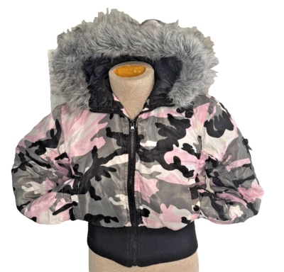 Chaqueta Camuflada Forrada de Piel Chaqueta con Capucha Rosa y Gris Camuflada Azul Crudo Dama Talla Mediana Foto 1 de 4