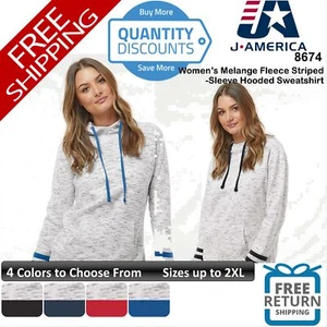 J. America Woman Melange Fleece Striped-sleeve Hooded Sweatshirt Up To 2XL 8674 - Picture 1 of 25