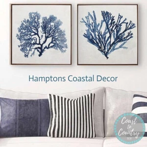 Hamptons Coral Wall Art Set of 2 Framed Canvas Prints 50x50cm Coastal Blue Taupe - Picture 1 of 4
