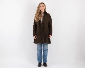 Vintage 90s Riding Trench Coat Waxed Canvas Jacket Duster Khaki Brown size M - Picture 1 of 5