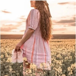 Lemlem By Liya Kebede & H&M 100% Linen Dress Pink Striped Lace Up Medium Boho - Picture 1 of 12