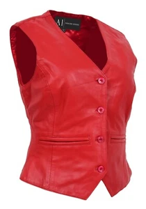 Womens Full Soft Leather Waistcoat Red Slim Fit Classic Casual Gilet Smart Vest - Picture 1 of 8