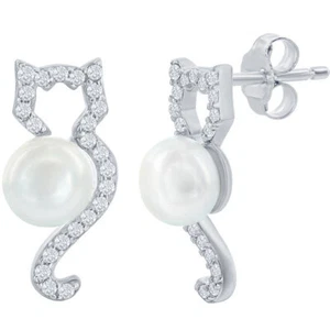 Classic Women's Earrings White CZ Cat with Round Pearl Post Back Closure D-7972 - Picture 1 of 1