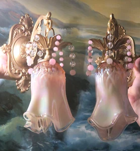 2 Vintage Sconce lamp Brass bronze Pink Lily Valley Fairy Fenton shade Enchantin - Picture 1 of 13