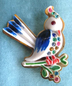 Vintage Brass & Painted Celluloid Bird Brooch Pin with Colored Rhinestones - Picture 1 of 2